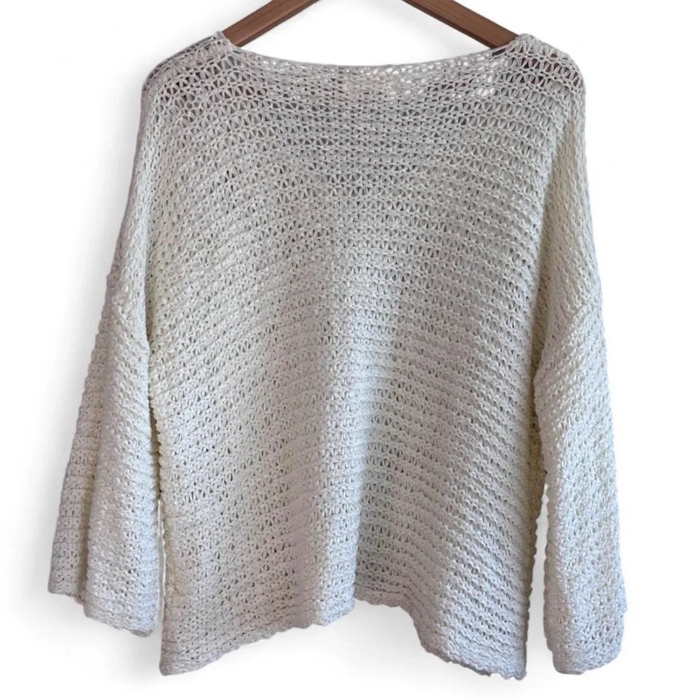 Relaxed Cream Open-Knit V-Neck Boho Sweater OS - Picture 3 of 7